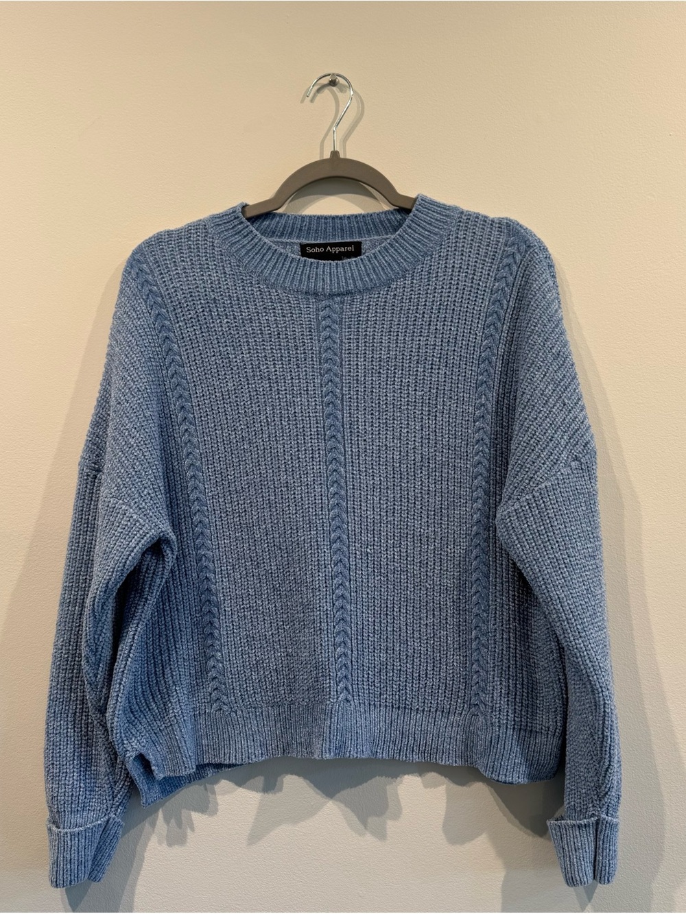 Soho Apparel Dusty Blue Cable Knit Crewneck Sweater